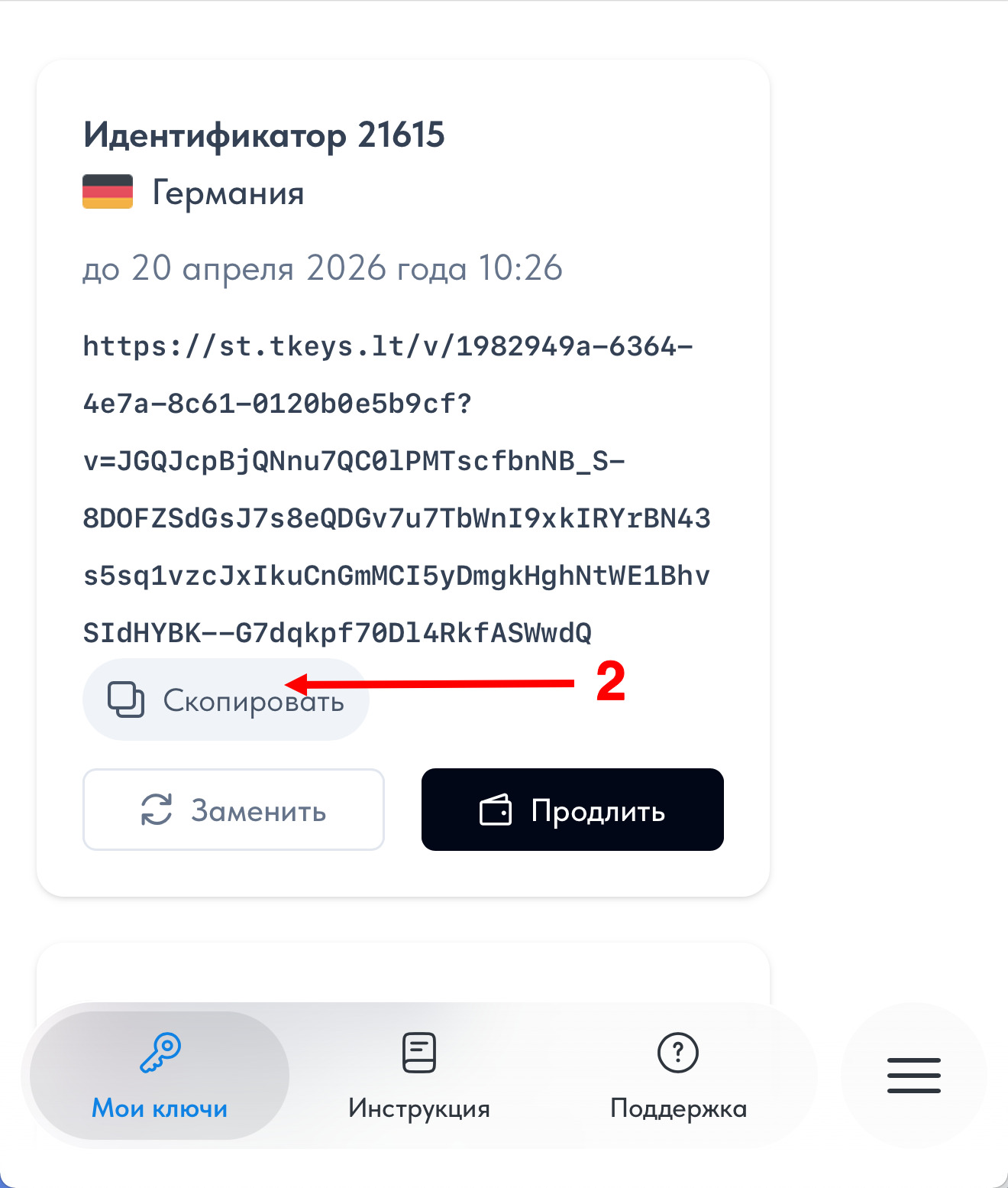 Скопируйте ключ в личном кабинете